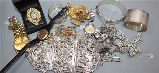 A collection of silver, silver jewellery, costume jewellery, wristwatches, etc, including a Dior gilt metal rose brooch,